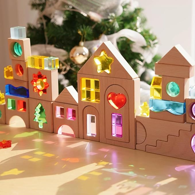45PCS Wooden Acrylic Building Blocks Set with Tray, Include Colorful Acrylic Shapes Stars,Sun,Clouds, Trees, Heart, Educational Construction Toy for Kids (Farm House)