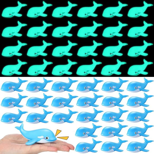 HyDren 48 Pcs Glow in The Dark Rubber Whale Bulk Squeaky Rubber Whale Luminous Mini Sea Animal Toys Bathtub Favors for Classroom Operation Christmas Basket Stuffers Child Gift Bulk(Blue)