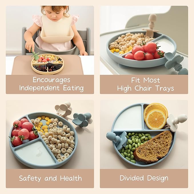 Moonkie Suction Plates for Baby | 100% Silicone BPA-Free Baby Plates with Lids and Food Cover | Divided Design | Microwave and Dishwasher Safe | Toddler Plates 2 Pack