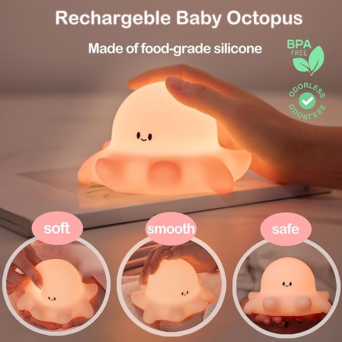 Kibbidea Touch Control Silicone Night Light for Kids, Rechargeable Octopus Nightlight with Timer, Eye Protection, Portable USB Baby Nightl lamp for Nursery, Bedroom