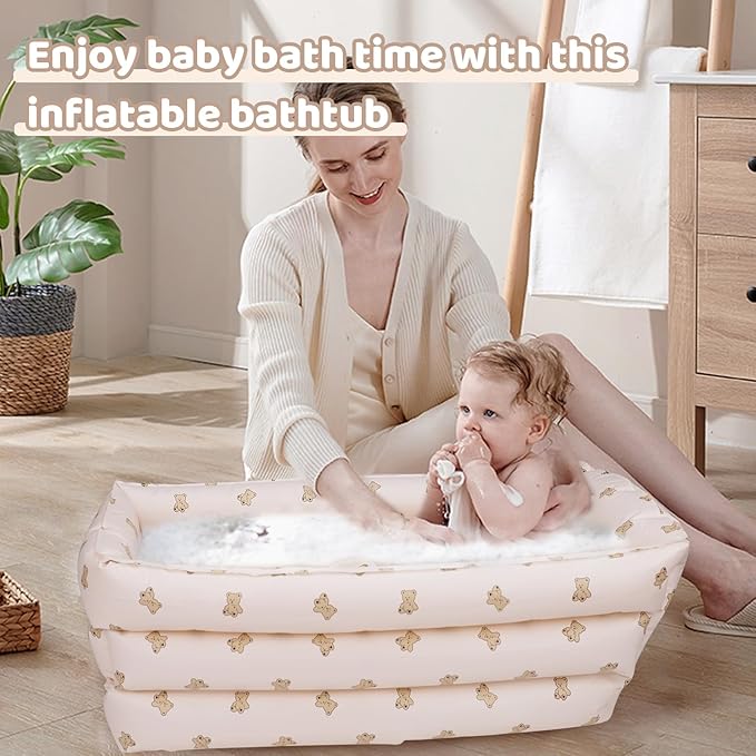 Inflatable Baby Bathtub with Built-in Air Pump, Portable Bathtub for Babies 0-5 Years Old, Small Ball Pool, Foldable Bath Tub for Travel, 30.7 x 14.6 Inch (Bear Head)