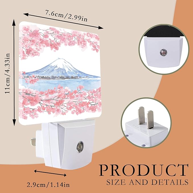 Cherry Blossoms Night Light,Mountain Fuji Plug-in Wall Led Night Lights Decor for Boys Girls Room,Dusk to Dawn Sensor Wall Lamp for Stairway/Hallway/Kitchen,0.5W