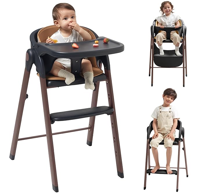 KUB High Chair for Babies and Toddlers Adjustable Foldable Convertible 5 Point Harness Easy Clean Wood-Printed Metal with Removable Tray Baby Highchair for Family (Black&Walnut Wood-Printed Metal)