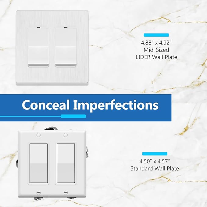 LIDER Brushed Finish Double Decorator Switch Cover, Screwless Wall Plate, Mid-Size 2-Gang 4.88" x 4.92", Unbreakable Polycarbonate Thermoplastic, UL Listed, LSWP-32M-BW10P, Brushed White, 10 pack