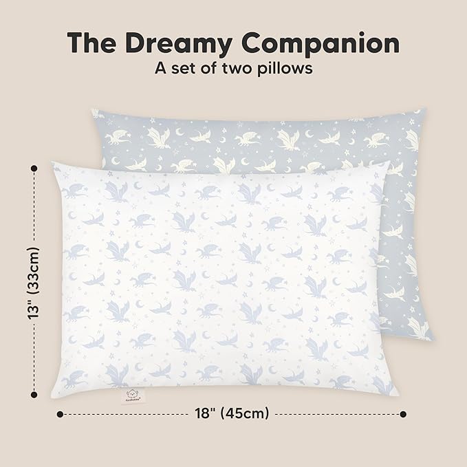 KeaBabies 2-Pack Toddler Pillow 13x18 - Soft Organic Cotton Kids Travel Bed Pillows for Sleeping, School, Nap, Machine Washable, Toddlers 2 to 5, Pillowcase Sold Separately (Dragons)