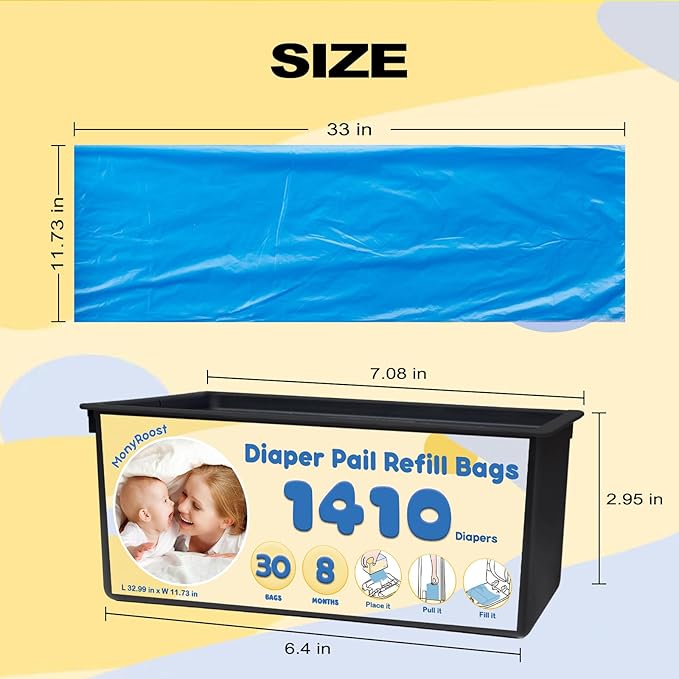 Diaper Pail Refills Bags Compatible with Genie Easy Roll Signature & Platinum Diaper Pails | Holds Up to 1410 Newborn Diapers Per Refill — Unscented, Odor Locking, 2Pack(60 Bags)