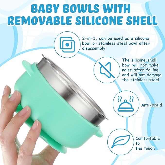 Nuogo 6 Pcs Stainless Steel Baby Bowls with Removable Silicone Shell 304 Toddler Bowls Kids Anti Scald Snack Container for Food Feeding, Dishwasher Safe(Blue Series Color,Suction-a)