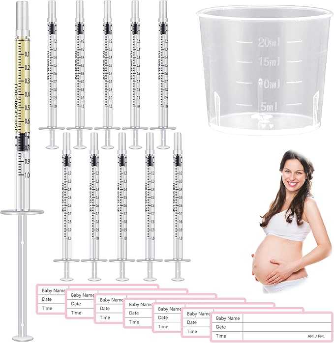 Trelaco Colostrum Collector Kit Include Sterile Sealed Breast Milk Syringes with Caps No Needle Colostrum Syringes Stickers 1 Measuring Cup Harvesting Collection for Breastmilk(100 Sets,1 ml)