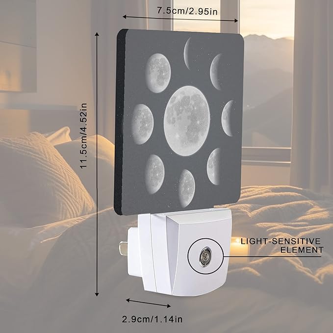 Moon Phases Night Light Plug-in LED Nightlights Auto Sensor Night Lamp Dusk-to-Dawn Lamp Home Decor for Nursery Children Girls Boys