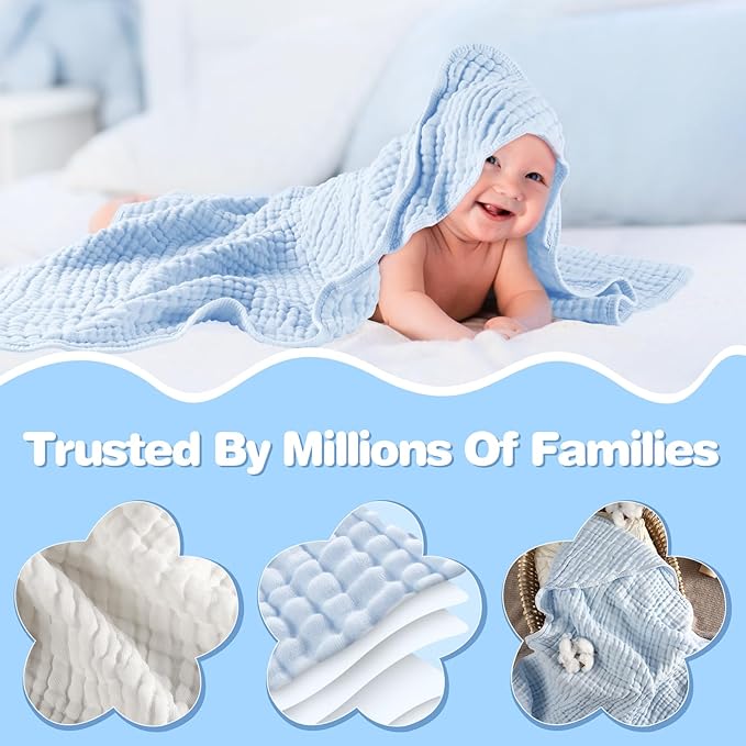 MUKIN Baby Hooded Towels, Muslin Cotton, 2-Pack, for Newborn, Infant, Toddler and Kids (White,Blue)