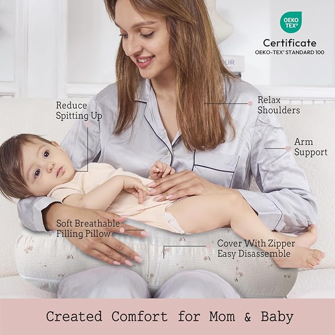 Little Grape Land Muslin Nursing Pillow, Soft 100% Cotton Breastfeeding Pillow with Breathable Cotton Removable Cover, Fog Flower Breast Feeding Pillows for Babies 0-12 Months with Protective Zipper