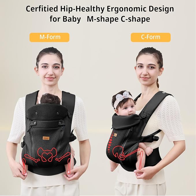 CUBY Newborn Baby Carrier with Head Support and Sunshield, Breathable & Easy Adjustable Newborn Toddler Front Baby Carriers Sling,Hands-Free Newborn Carrier up to 40lbs(Black,Upgraded-with Waist Belt)