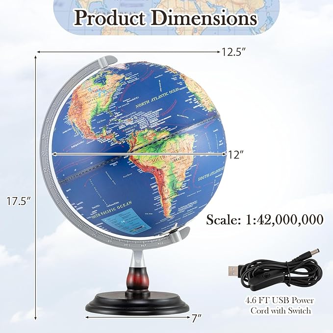 12" Illuminated World Globe, Desktop Globe with Raised Relief, LED Lights, Time Zone & Non-Slip Wooden Base, Geographic Terrain Globes for Decoration & Living Room (Navy)