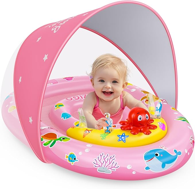 EZIGO Baby Pool Float with Canopy UPF50+ Sun Protection, Inflatable Kids Pool Floats with Ocean Animal Toys for Baby 6-36 Months, Infant Swimming Float with Adjustable Safety Seat for Boys Girls