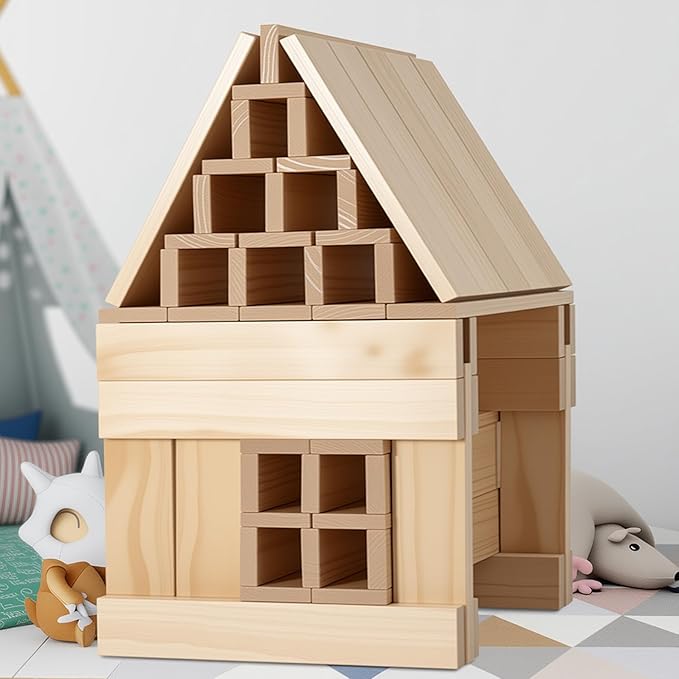 Large Open Ended Wooden Building Blocks for Kids 44 lb, 19.7″ Giant Natural Pine Rectangular Wood Building Toys 32pcs，XXL STEM Construction Toys for Toddlers, Birthday Gift for Kids Ages 4-12 (Large)