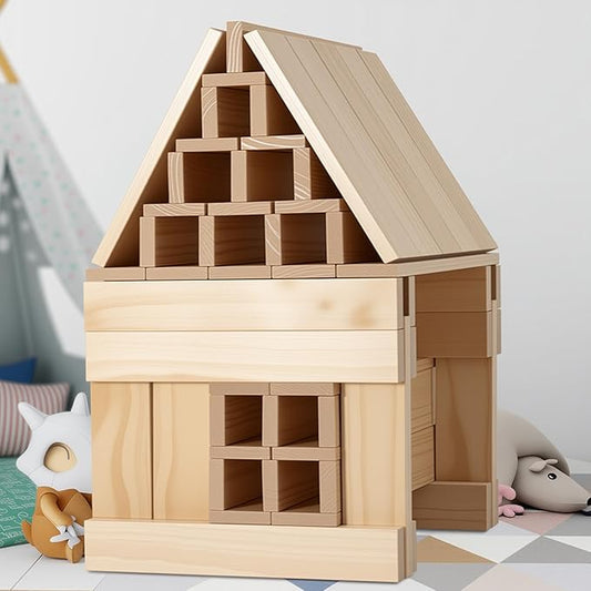 Large Open Ended Wooden Building Blocks for Kids 44 lb, 19.7″ Giant Natural Pine Rectangular Wood Building Toys 32pcs，XXL STEM Construction Toys for Toddlers, Birthday Gift for Kids Ages 4-12 (Large)