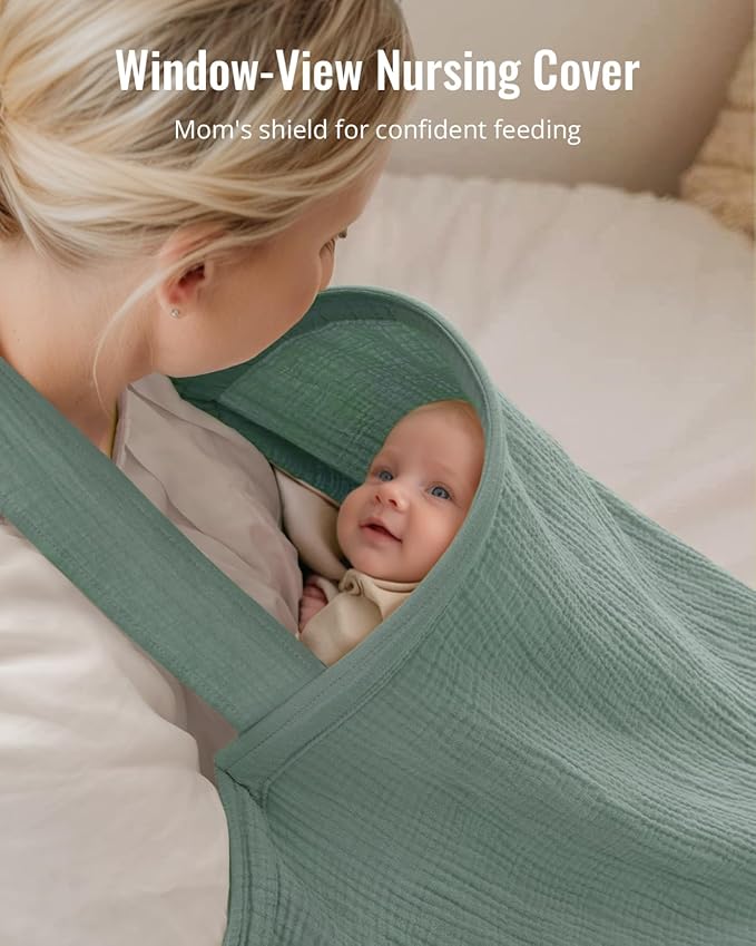 Blissful Diary 2-in-1 Muslin Baby Car Seat Cover, Multi-use Nursing Cover for Breastfeeding, Breathable Infant Car Seat Cover Canopy - Roman Green