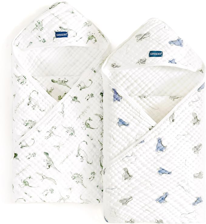 GRSSDER Ultra Soft Absorbent Muslin Cotton Baby Hooded Towel 2 Pack with Original Patterns, Extra Large Size 35"x 35" Swaddle Wrap for Newborn Infant and Toddler