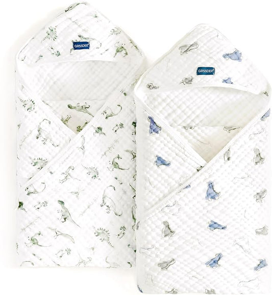 GRSSDER Ultra Soft Absorbent Muslin Cotton Baby Hooded Towel 2 Pack with Original Patterns, Extra Large Size 35"x 35" Swaddle Wrap for Newborn Infant and Toddler