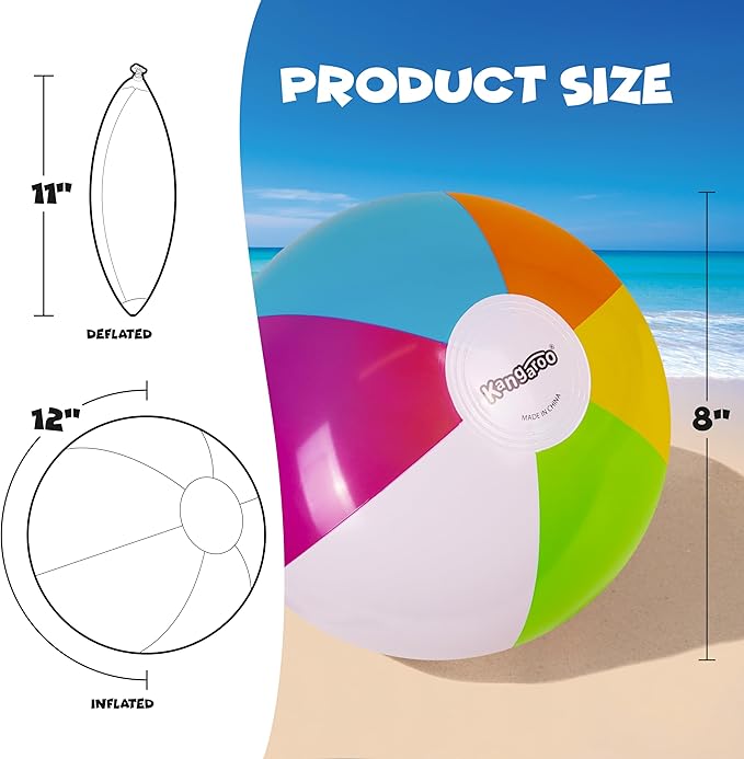 Kangaroo 12-Pack Inflatable Beach Balls Bulk for Kids & Adults I Inflatable Pool Party Favors Swimming Pool Toys I Kids Beach Toys for Beach Games