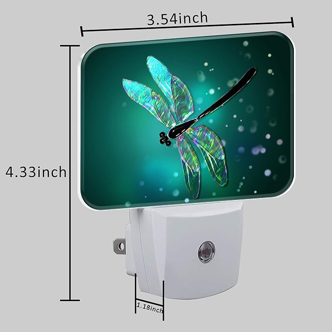 Glass Dragonfly Plug in Night Lights, Green Background Nightlight Plug Into Wall Dusk to Dawn Sensor for Kid Girls Boys Women Men Bedroom, Hallway, Kitchen, Bathroom, Stairs Decor