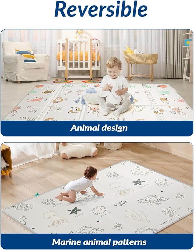 Foldable Baby Play Mat, 79x71 Inch Thick 0.8 Inch XPE Foam Waterproof, Extra Large Crawling Mat for Floor Kids Infant Training Non-Slip Reversible