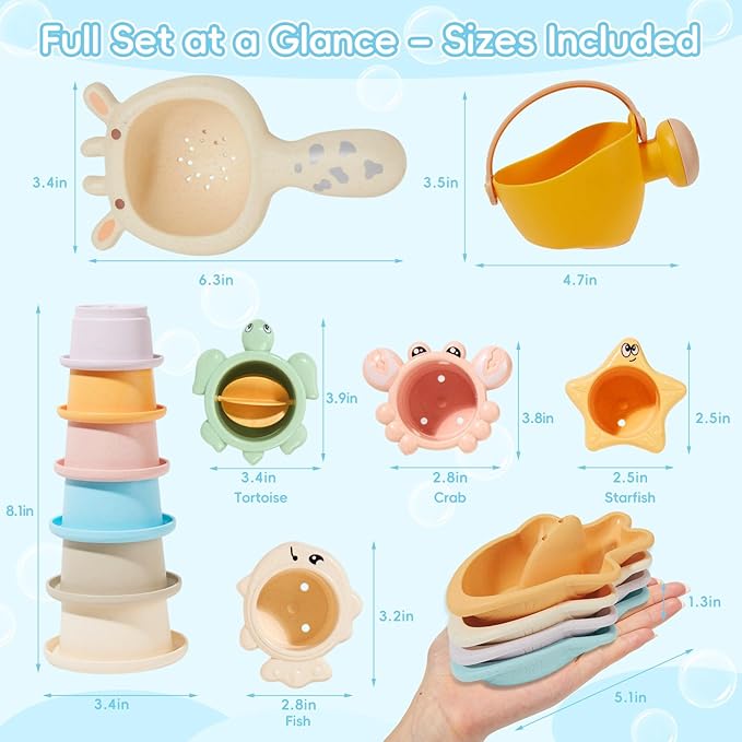 Bath Toys for Kids Ages 1-3, 16PCS | Easy-Clean & Mold Free Bath Toys for Babies with Stacking Cups | Watering Can, Bath Boats & Spoon with Storage Bag, Bathtub Water Sand Pool Toys for Toddler Gifts
