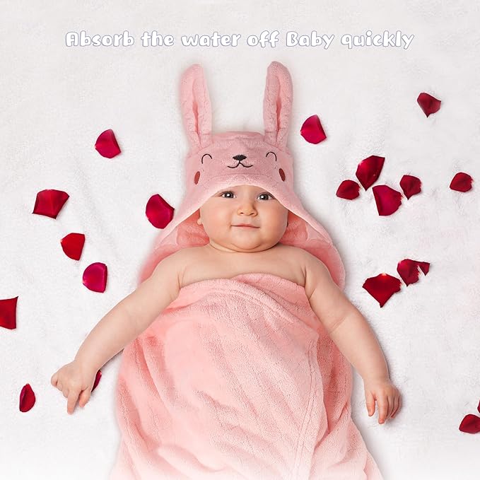 Hooded Toddler Bath Towels, 2 Pack Thick Towel for Kids with Animal Hood, Extra Large 50 x 32 inch for Baby 0-6 Years, Soft Absorbent Coral Fleece for Boys & Girls, Pink Ribbit & Yellow Bee