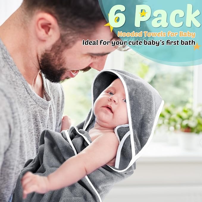 Chumia 6 Pack Baby Bath Towel Coral Fleece Soft Absorbent Newborn Hooded Towel for Kid 30 x 30 Inch Toddler Bath Blanket for Babies Infant Shower Gift(Gray/Beige/Blue)