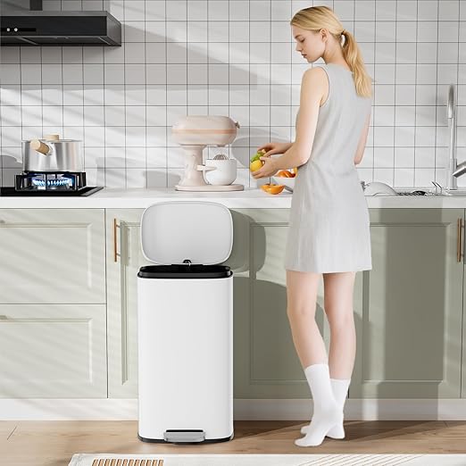 Arlopu 8 Gallon Step Trash Can, Stainless Steel Garbage Bin, Soft-Close Rubbish Bin with Removable Plastic Inner Bucket, Fingerprint-Proof, Lid Dustbin, Suit for Kitchen Home (White, 30L)