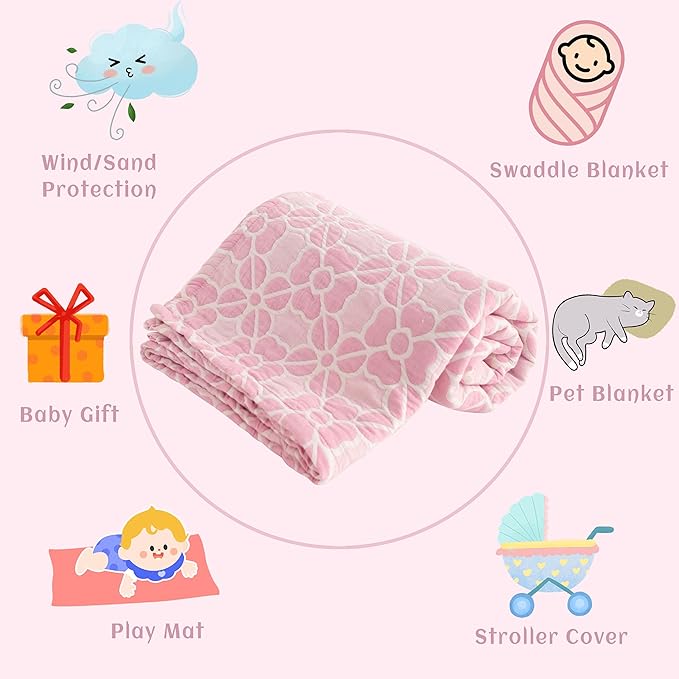 NTBAY 3 Layer Oversized Muslin Cotton Toddler Blanket, 45x60 Inches Jacquard Reversible Nursery Bed Blanket, Super Soft and Thermal Crib Blanket for All Seasons, Baby Gift, 45"x60", Pink Clover
