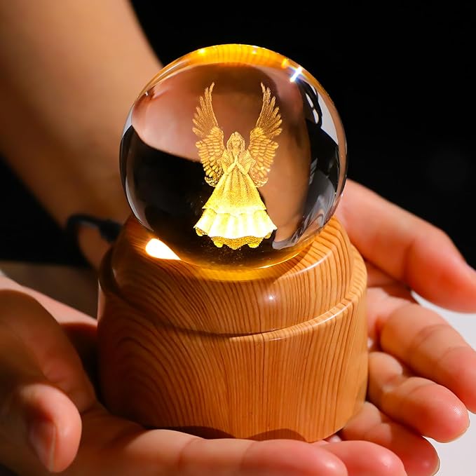 Guardian Angel Gifts 2.36in 3D Engraved Angel Crystal Ball with Rotatable Warm Light Wood Base, Guardian Angel Figurines Memorial Gifts for Women Mom Friends