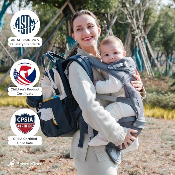 BabbleRoo Grow Carrier – Safety-Certified 6-in-1 Baby Carrier with Hip Seat, Ergonomic & Adjustable Toddler Carrier 7-50 lbs with Hip Support, Hood for Sun Protection, Newborn to Toddler, Black