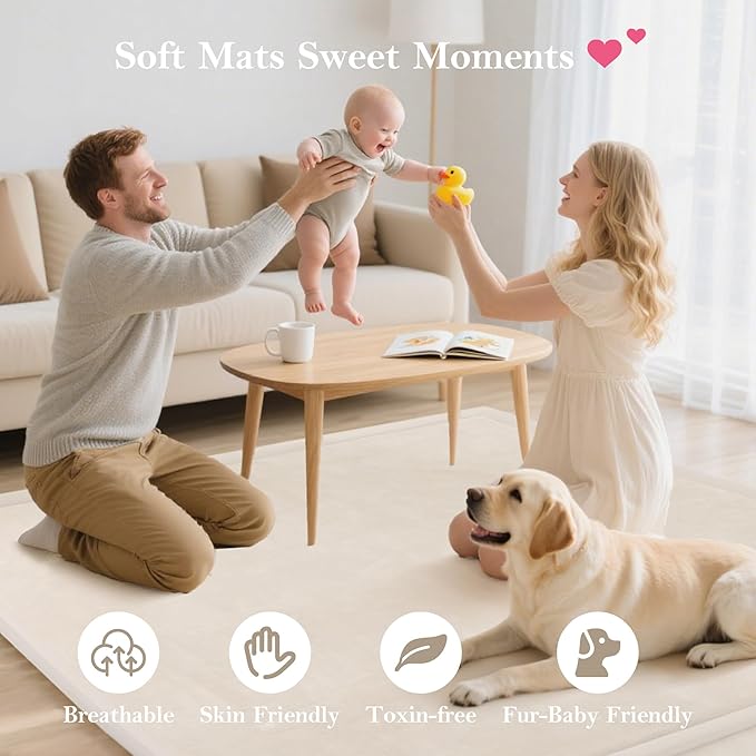 Baby Play Mat for Floor, 1.3"Thick Extra Large Cushioning Memory Foam Playpen Mat, Soft Coral Velvet Baby Crawling Mat with Non-Slip Backing for Toddlers,Infants,Kids,Yoga Mat (Beige 79"×118"×1.3") ﻿