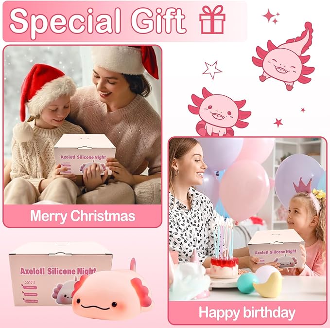 Axolotl Night Light for Kids, Rechargeable Cute Squishy lamp - Silicone Adorable Christmas Axolotl Gifts for Kids - Nightlight Nursery Animal Touch Light - Bedroom Decor for Boy, Girls