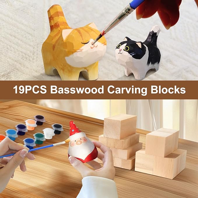 19Pcs Basswood Carving Blocks, Bass Wood with 3 Sizes for Widdle and Whittle Crafts, Soft Whittling Wood Blocks for Kids and Adults Beginners