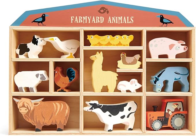 Tender Leaf Toys Farmyard Animals “ 13 Wooden Country Farm Figurines with a Display Shelf - Classic Toy for Pretend Play “ Develops Creative & Imaginative Skills “ Learning Role Play “ Ages 3+ Years