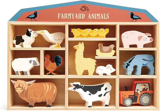 Tender Leaf Toys Farmyard Animals “ 13 Wooden Country Farm Figurines with a Display Shelf - Classic Toy for Pretend Play “ Develops Creative & Imaginative Skills “ Learning Role Play “ Ages 3+ Years