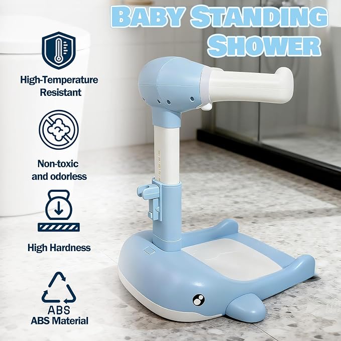 Baby Shower Stand Foldable Toddler Shower Standing Support with Anti-Slip Base Adjustable Infants Bath Support for 8-36 Months Portable Bath Helper (Upgraded-Whale)