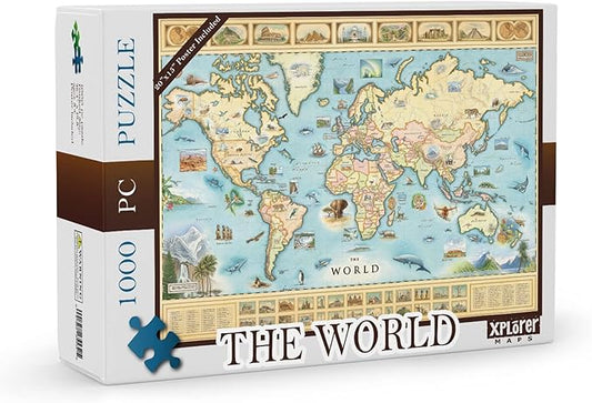 The World Map Cardboard Jigsaw Puzzle - 1000 Pieces Hand-Illustrated - Educational, Family Activity, Ages 8+, Includes Poster - 25.4 x 19.8