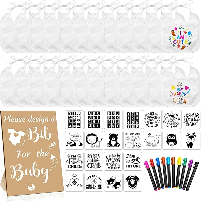 Newwiee 55 Pcs White Bibs for Baby Decorating Design a Bib Decorate Plain newborns Bibs Wooden Sign for Baby Shower Games Kit