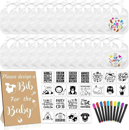 Newwiee 55 Pcs White Bibs for Baby Decorating Design a Bib Decorate Plain newborns Bibs Wooden Sign for Baby Shower Games Kit