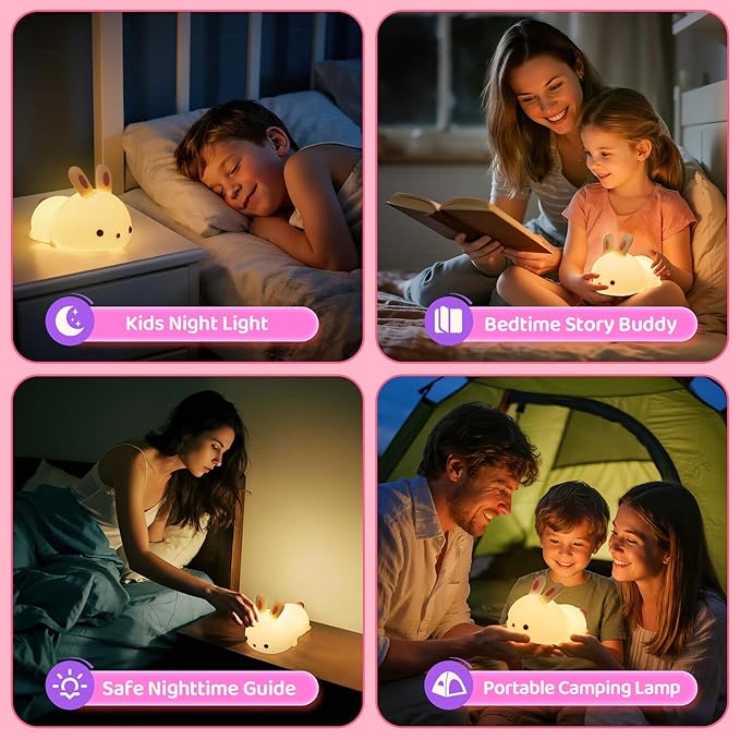 One Fire Bunny Christmas Night Light for Kids, 16 Colors Cute Lamp, Soft Silicone Baby Night Light, 1200mAh Portable Dimmable Touch Lamps, Kawaii Room Decor Stuff, Gifts for Christmas|Halloween|Easter