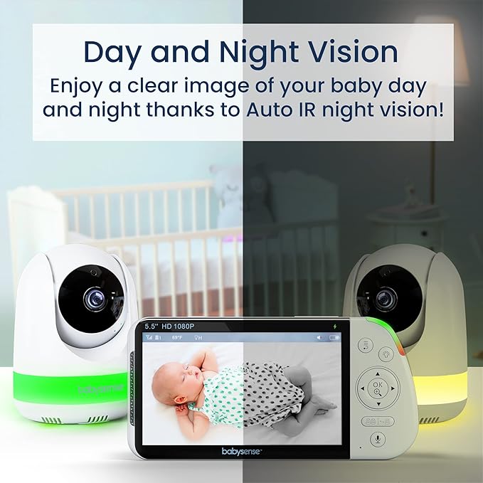 Babysense 5.5” 1080p Full HD Split Screen Baby Monitor, Video Baby Monitor with Camera and Audio, PTZ Camera, RGB Night Light, 1000ft Range, Two-Way Audio, 4X Zoom, 5000mAh Battery