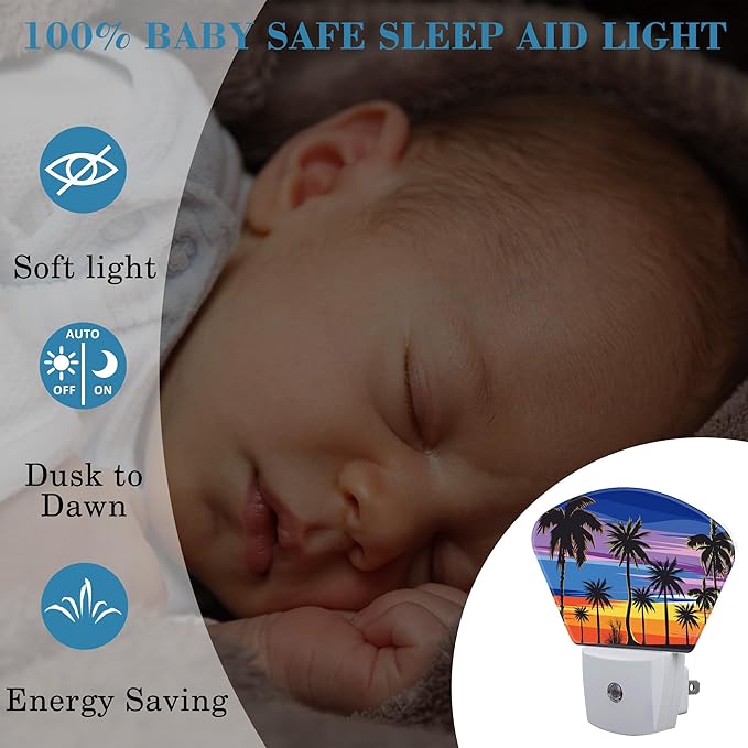 Tropical Palm Tree Night Light Plug into Wall, Sunset Beach Night Light with Dusk to Dawn Sensor for Kid Girls Boys Women Men Bedroom, Hallway, Kitchen, Bathroom, Stairs Decor
