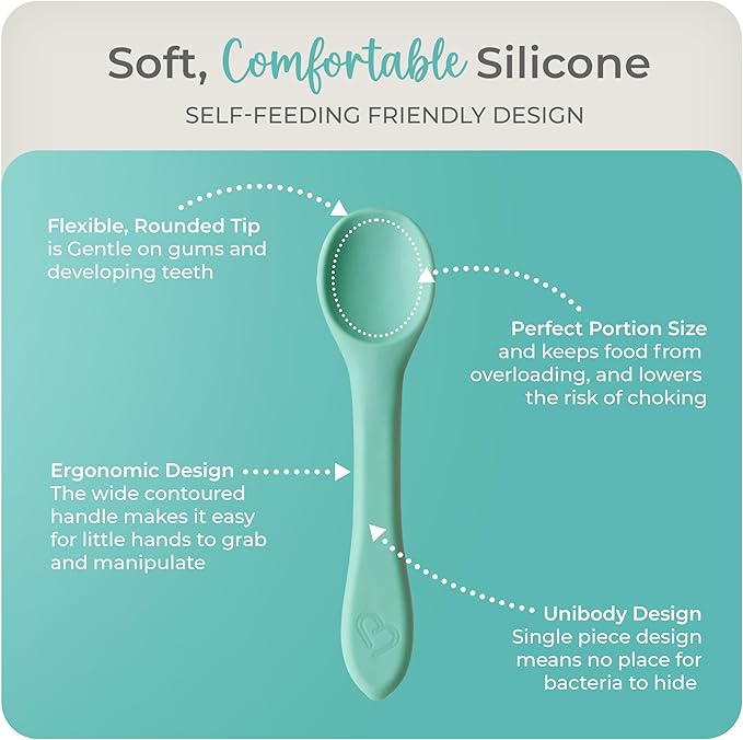 Mason Bottle Silicone Baby Spoons (2-Pack) – BPA-Free Feeding Utensils for Babies 6–12 Months – Puree Spoons with Case, Non-Toxic, Dishwasher Safe (Teal & Grey)