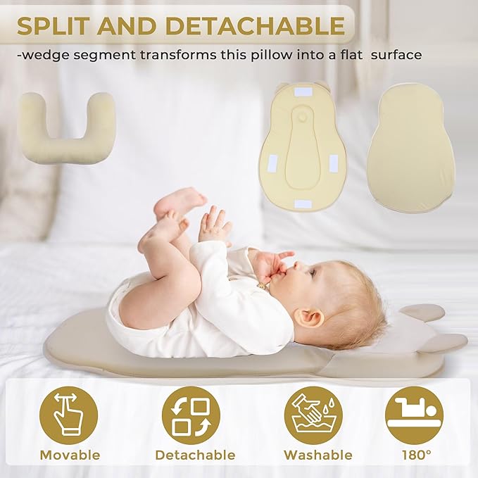 Baby Feeding Pillow, Anti Overflow Feeding Pillow for Reducing Spit-Up, Safety Nursing Pillow, Baby Lounger Reflux Wedge Breastfeeding, Removable top and Bottom（Yellow）