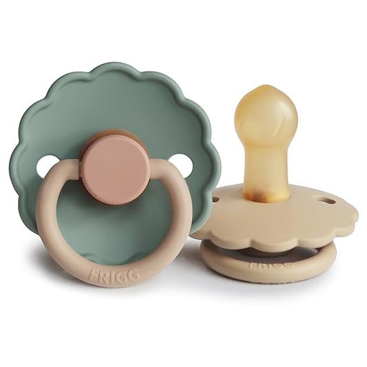 FRIGG Daisy Natural Rubber Baby Pacifier | Made in Denmark | BPA-Free (Willow/Croissant, 0-6 Months) 2-Pack