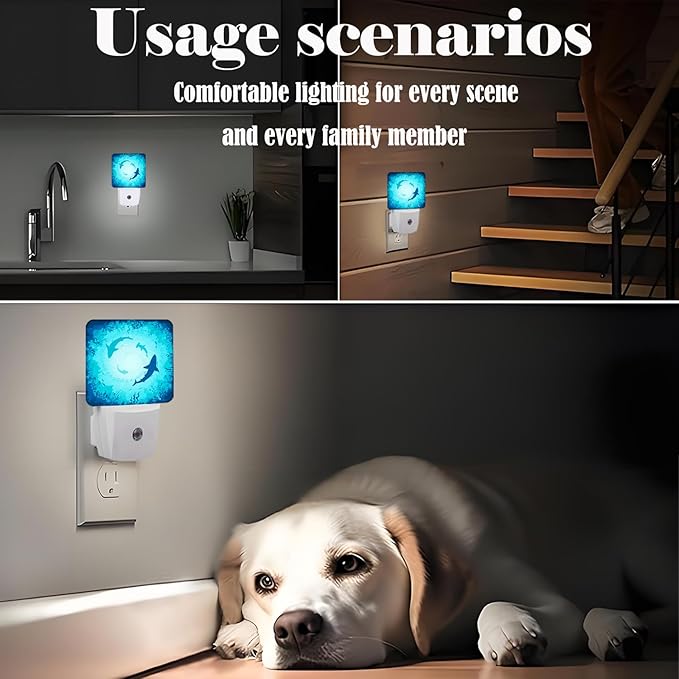 Floating Sharks Night Light,Plug Into Wall with Dusk to Dawn Light Sensors, Warm Nightlights for Bedroom, Bathroom, Hallway, Kitchen, Gifts Ideal for Boys Girls Women Men