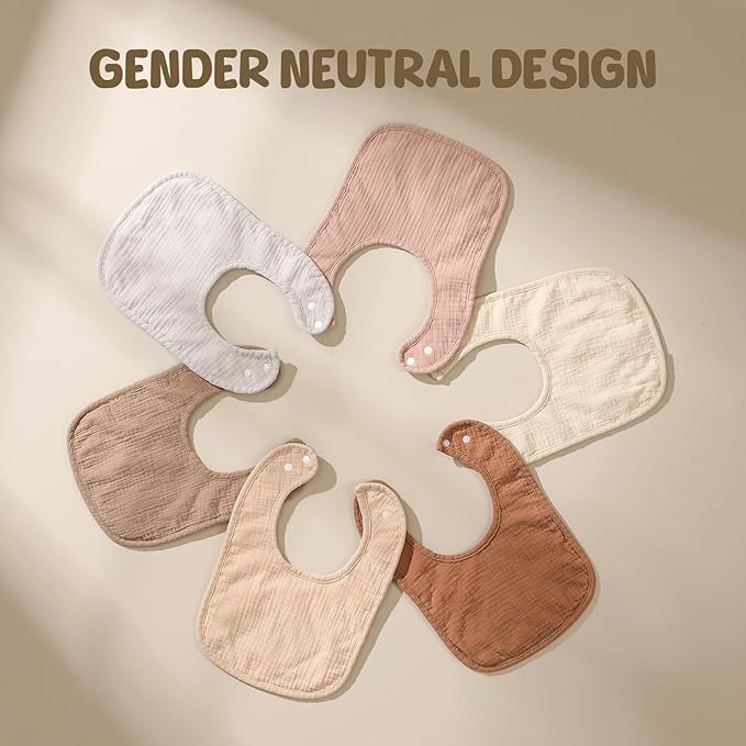 6-Pack Muslin Baby Bibs for Unisex Boys Girls, Cotton Baby Drool Bibs, Drooling and Teething Bibs for Infant